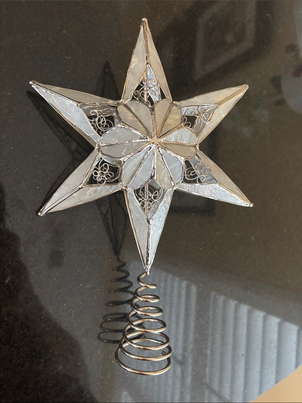 Stained Glass (Capiz Shell?) Star Silver Trim Tree Topper - Elegant Home Holiday